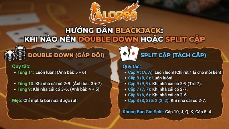 Xì Dách Online – Trò Chơi Game Bài 3D Phổ Biến Nhất Tại ALO789 Bảng hướng dẫn khi nào nên Double Down hoặc Split cặp