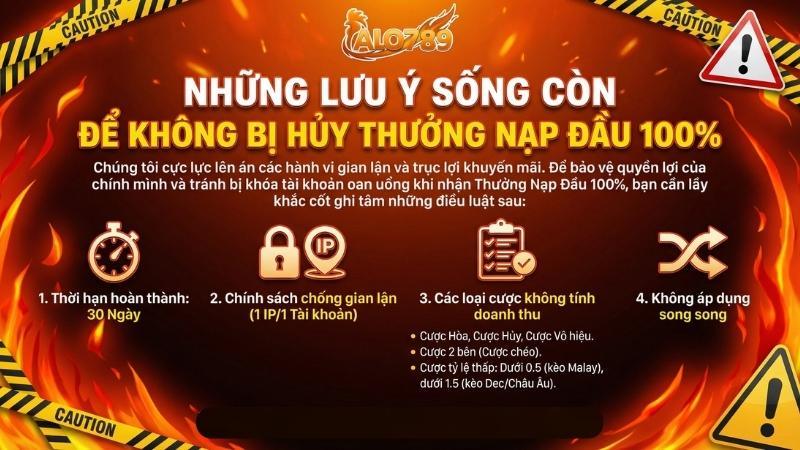 Thưởng Nạp Đầu 100% – Cơ Hội Nhận Ngay 3 Triệu Đồng Tại ALO789 Những lưu ý quan trọng để không bị hủy Thưởng Nạp Đầu 100%